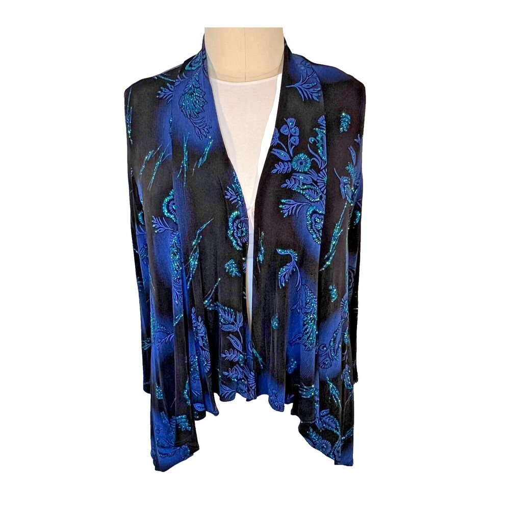 All Hours Cardigan Womens L/XL Long Sleeve Turquoise Glitter Open Front Stretch